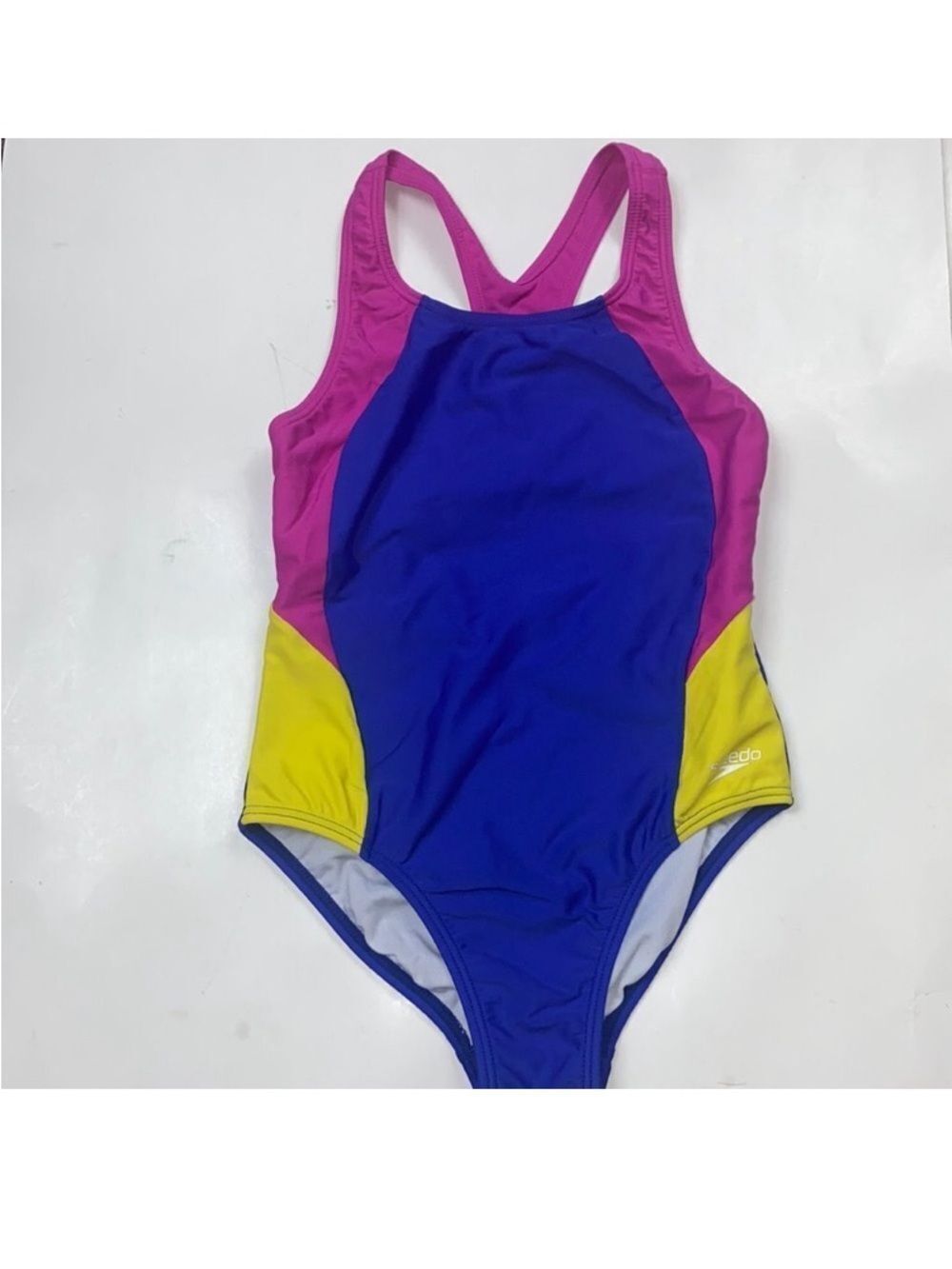 Speedo Girls' Colorblock One-Piece Swimsuit in Blue/Pink/Yellow